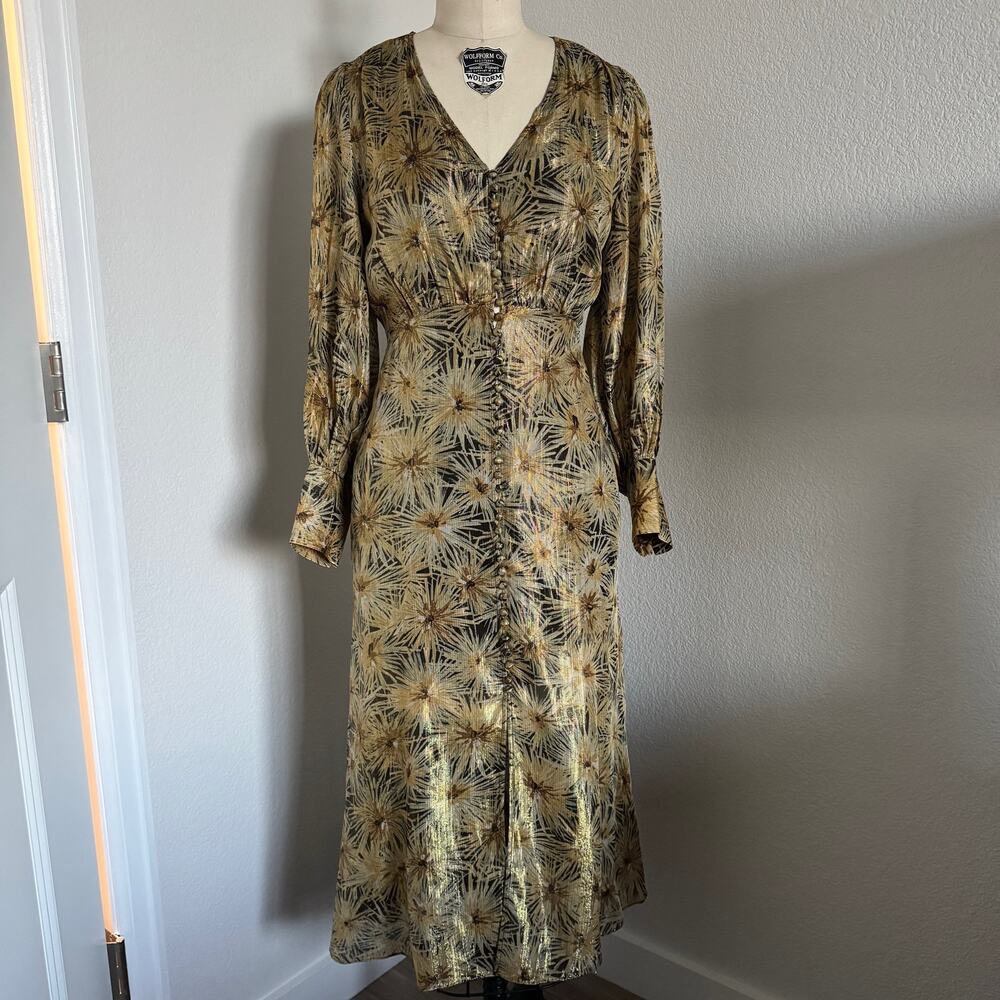 The Kooples | NWT Metallic Gold Botanical Midi Dress French Size 0 (US XS) - Picture 1 of 11